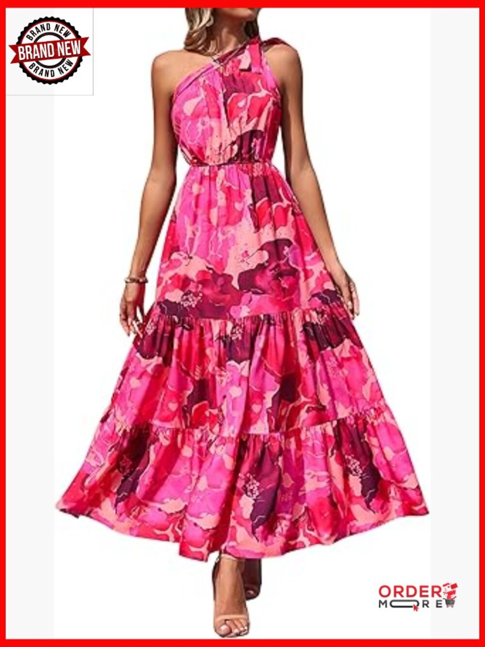 One Shoulder Floral Maxi Dress Ruffled Boho Beach Vacation Guest - Picture 1 of 7